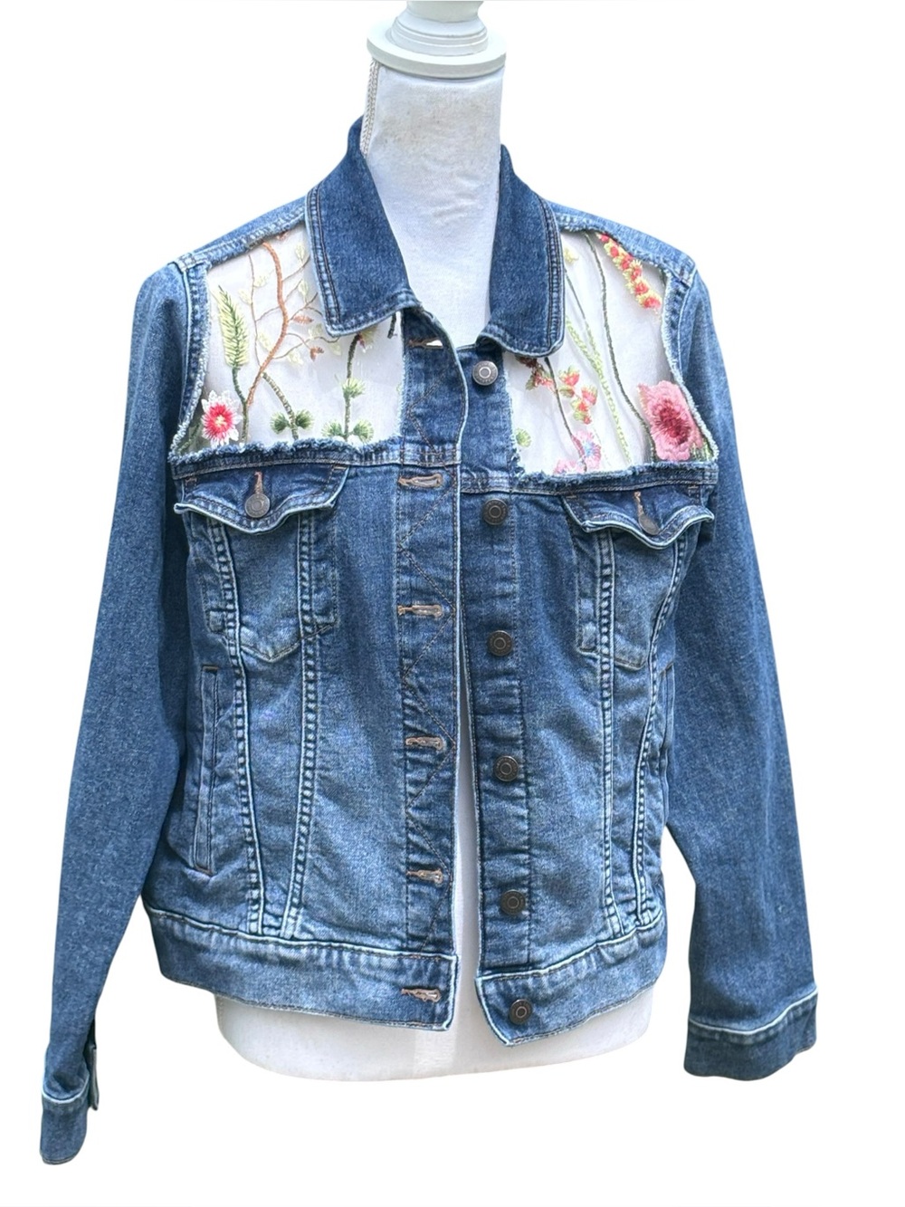 Handmade Floral Embroidered Denim Jacket Wearable Art Large - Picture 4 of 10